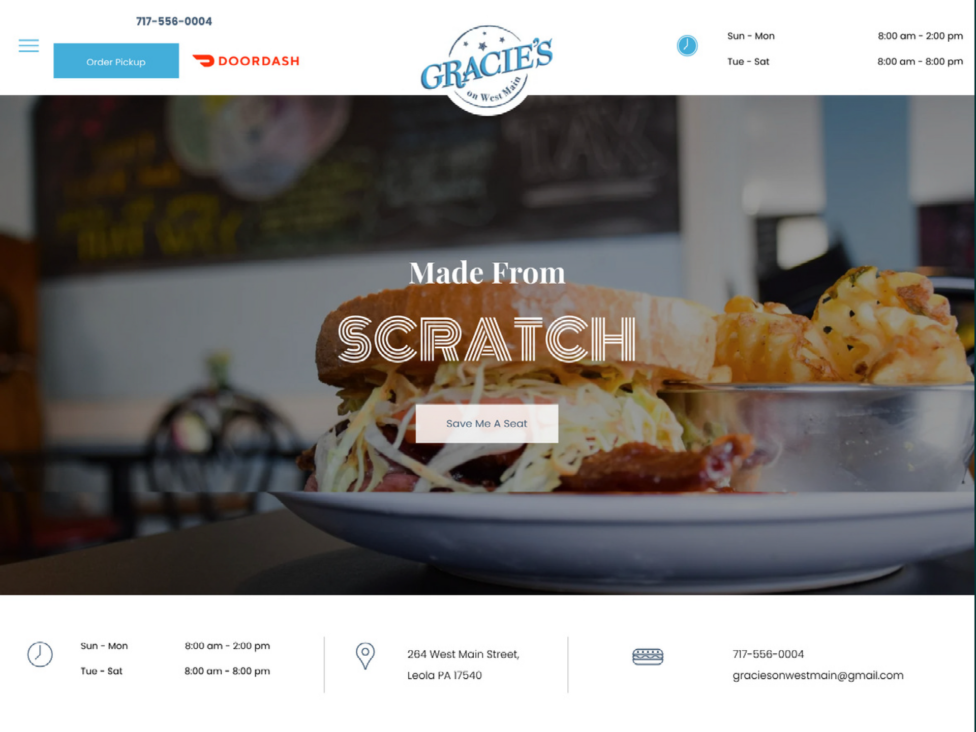 A screenshot of a website for a restaurant called gracie 's made from scratch.