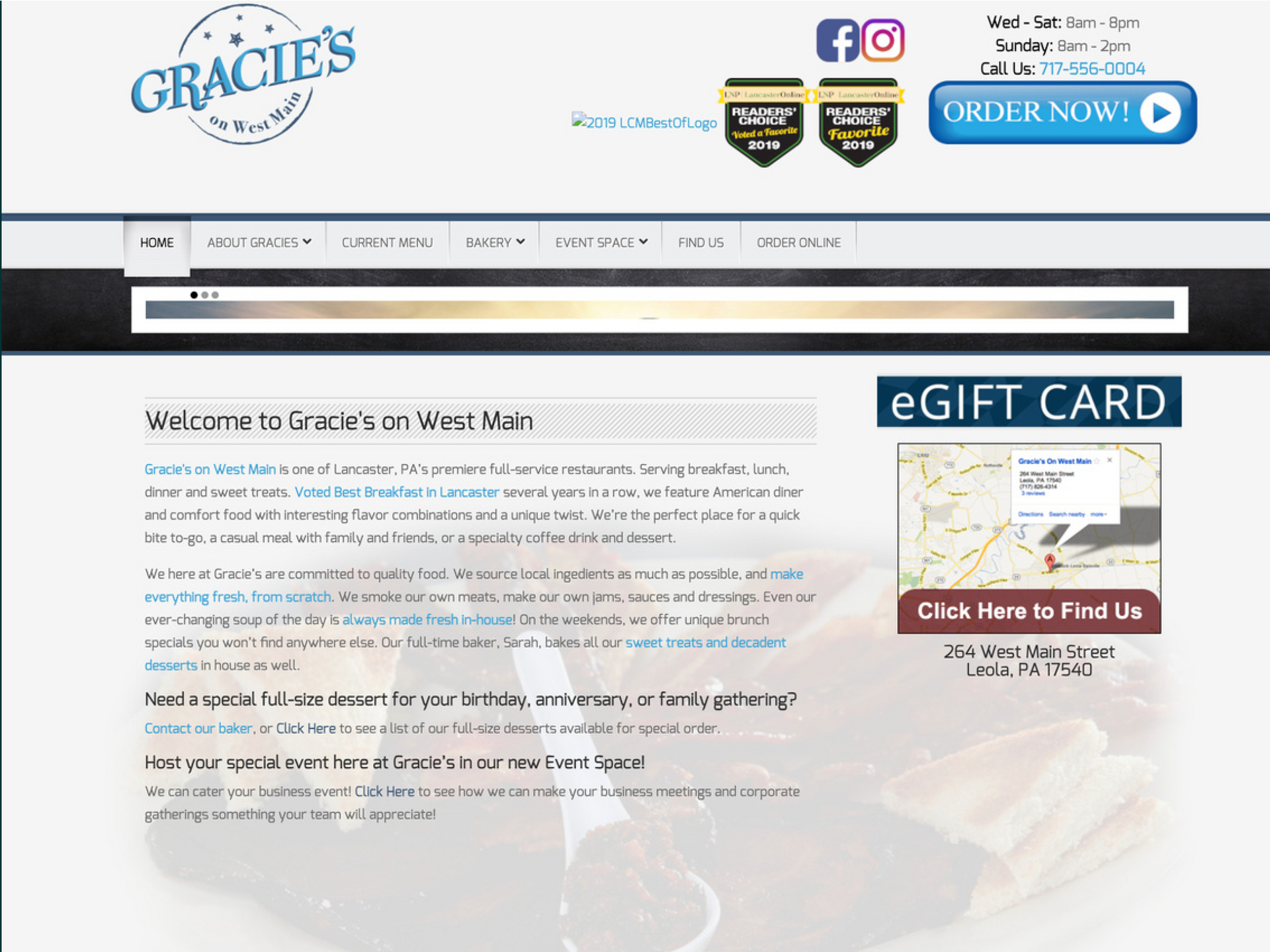 A screenshot of a website for a restaurant called gracie 's made from scratch.