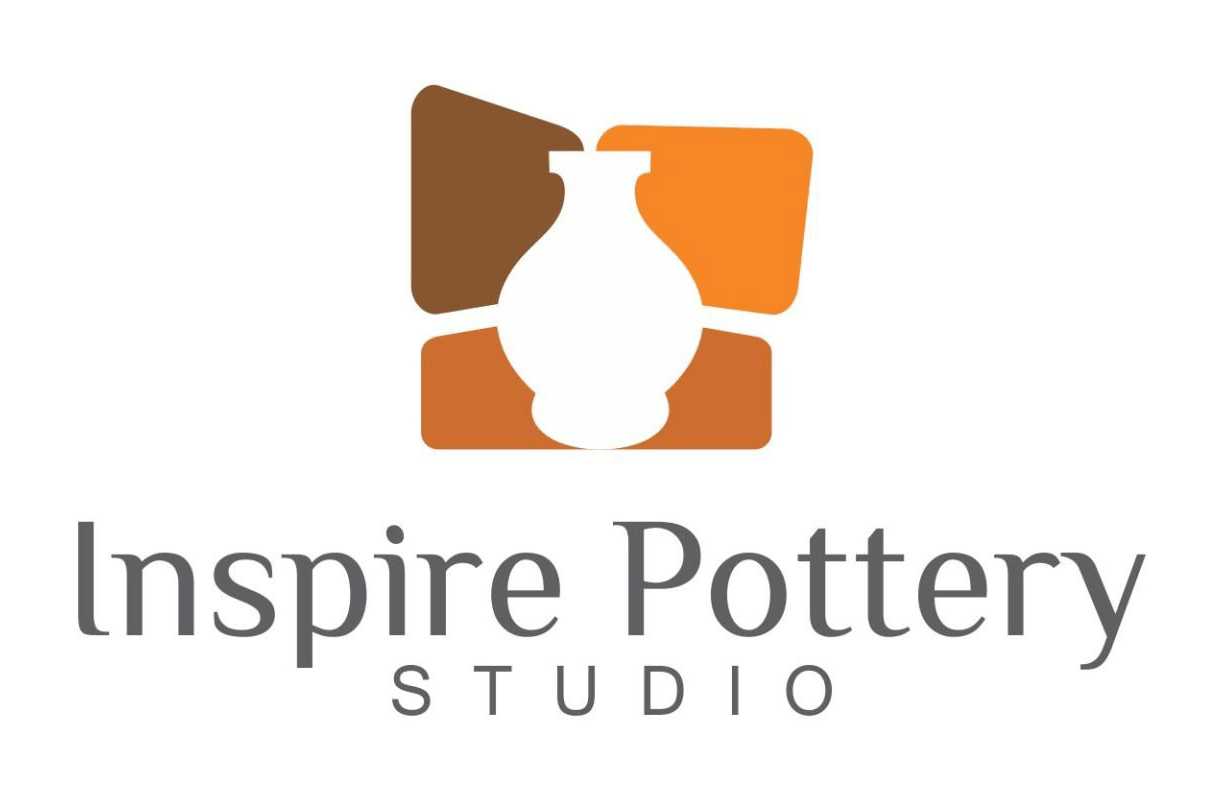 A logo for inspire pottery studio with a vase in the middle