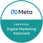 Meta Certified Digital Marketing Associate badge, blue and teal circle.