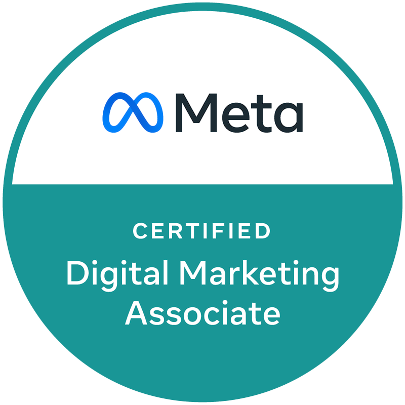 Meta Certified Digital Marketing Associate badge, blue and teal circle.