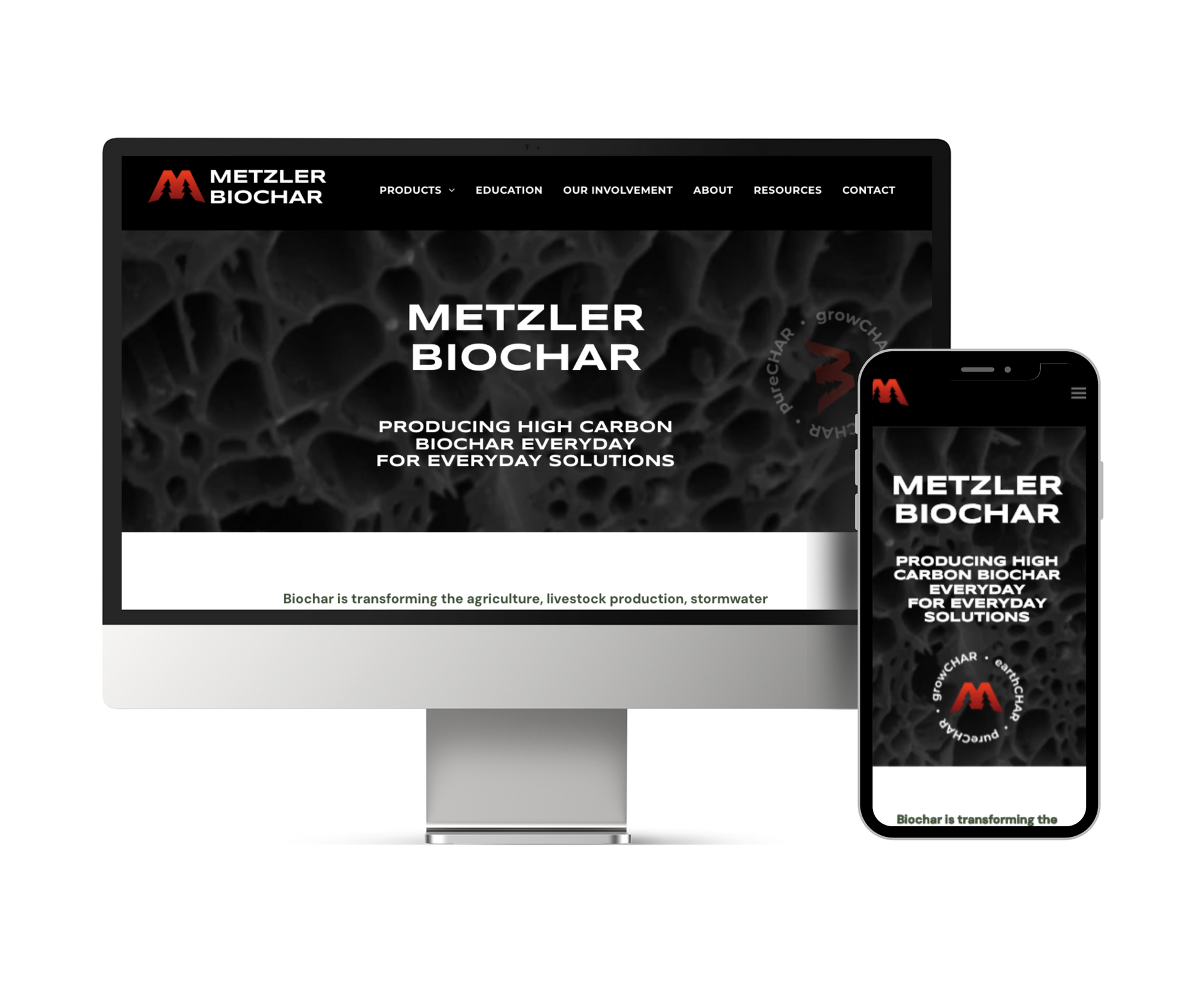 A metzler biochar website is displayed on a computer and phone