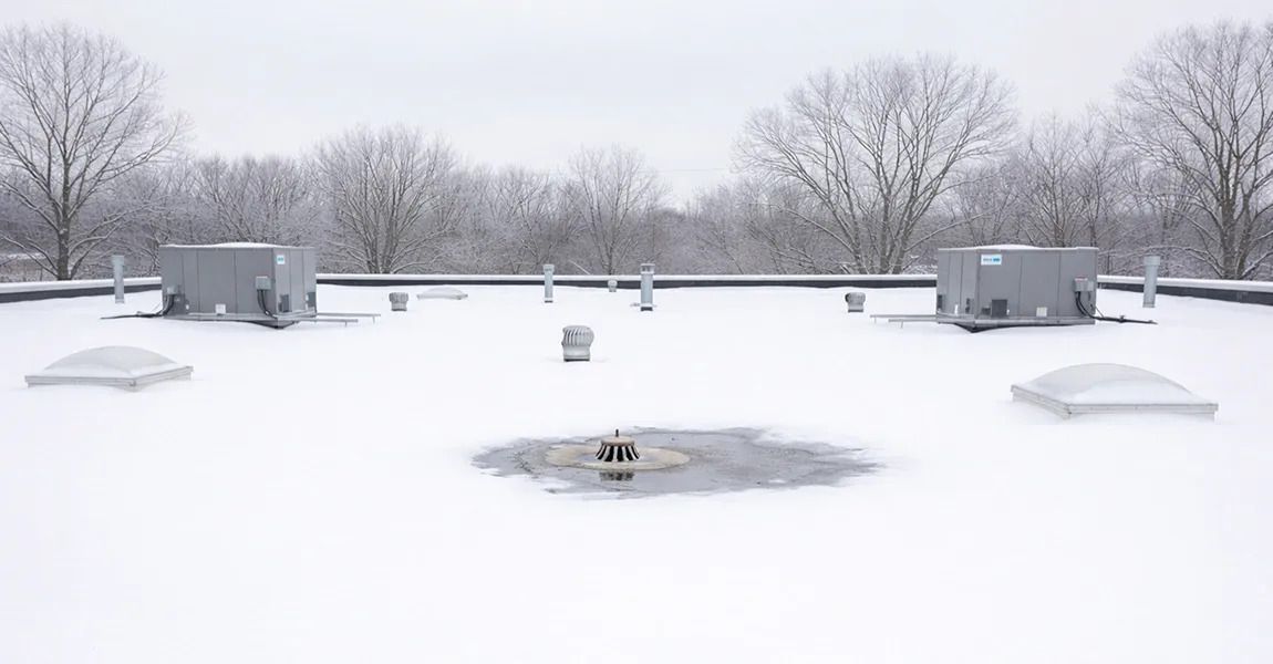 A snow-covered flat building roof with HVAC units, roof vents, and skylights, with a line of trees in the background.