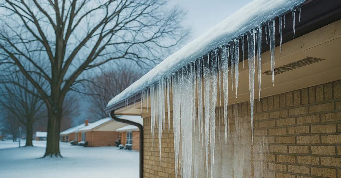 Long icicles hang from the snowy roof edge of a brick building on a cold winter day.