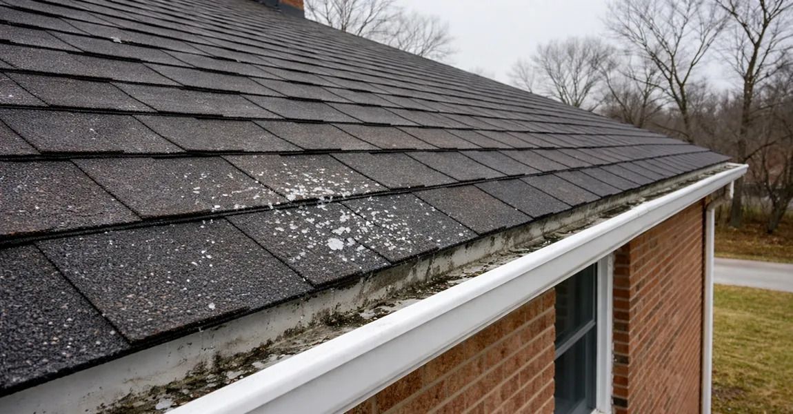 A residential roof with dark asphalt shingles, showing a patch of white material and debris in the gutter below.