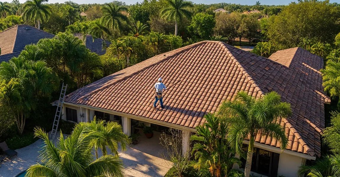A worker stands on a terracotta-tiled roof of a house surrounded by palm trees and lush greenery.