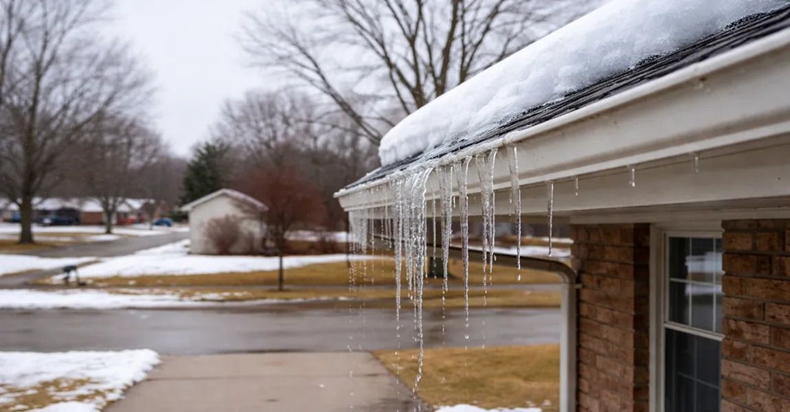 Icicles hang from the snow-covered gutter of a brick house on a winter day, with a suburban street in the background.