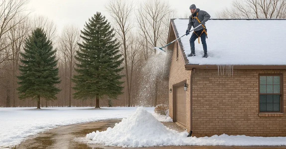 A person wearing safety gear uses a long-handled tool to clear snow from a residential roof onto a pile below.