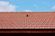A section of a terracotta-colored tiled roof against a clear blue sky with a single circular roof vent.