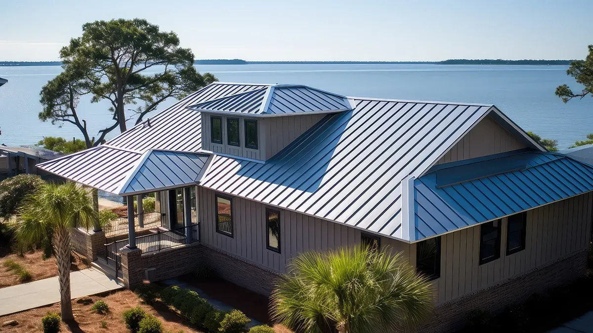A modern house with a blue metal roof stands by a calm, sunny waterfront with palm trees.