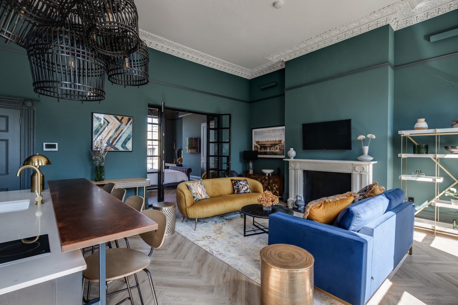 A living room filled with furniture and a fireplace.