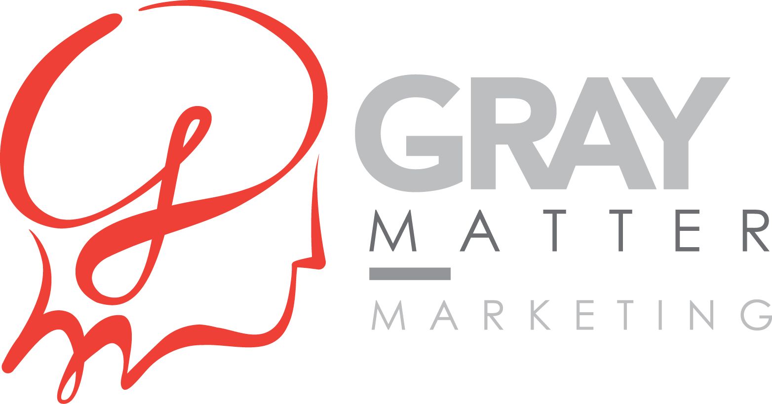 A logo for gray matter marketing with a red and gray head.