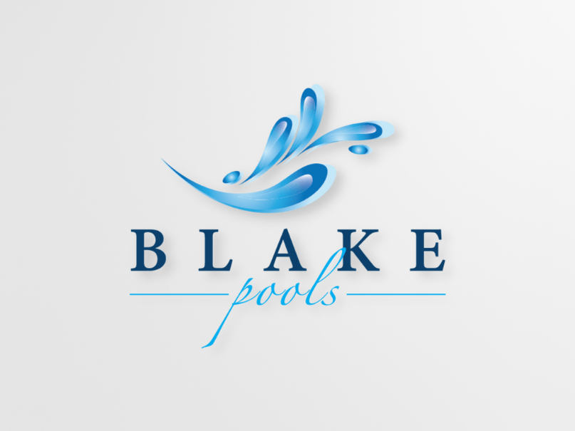 A logo for blake pools with a splash of water