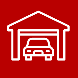 A car is parked in a garage icon on a red background.