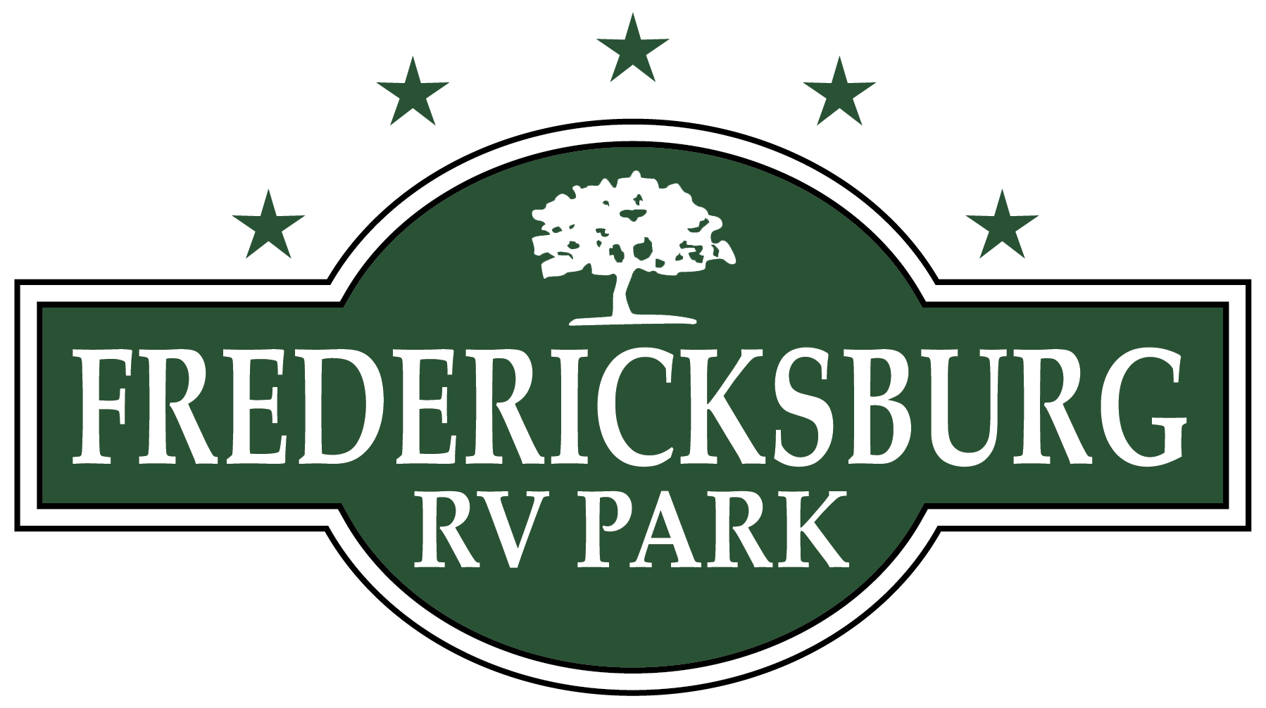Logo for Fredericksburg RV Park: green oval with text, tree, and stars on a white background.