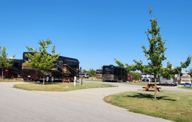 Campground with RVs parked on gravel sites, trees, blue sky.