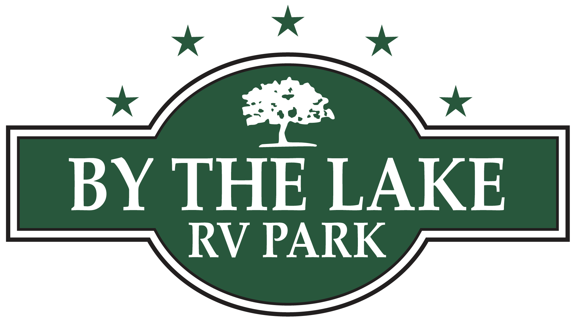 Logo for By The Lake RV Park, featuring a green oval with a tree and stars, text: 