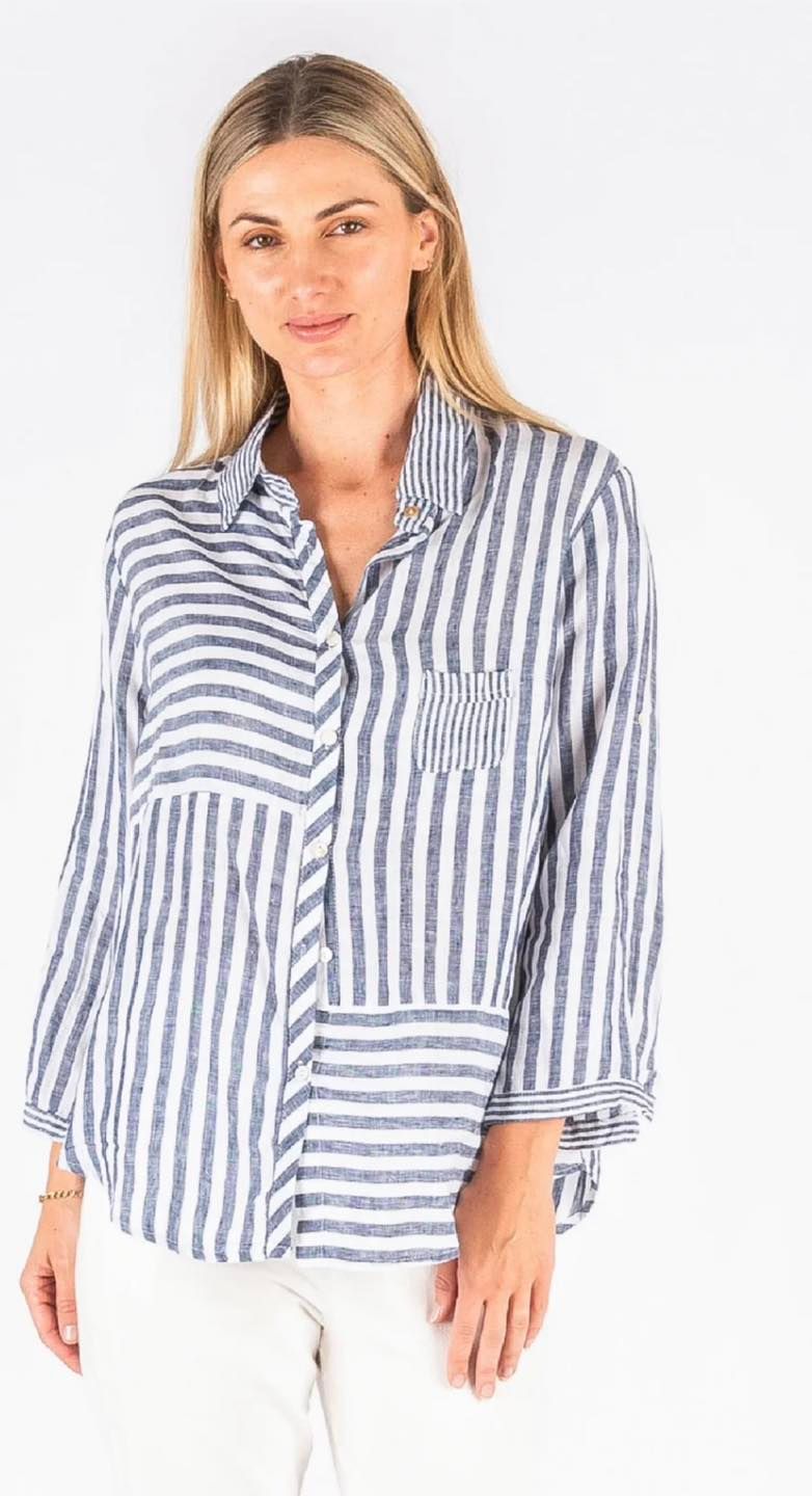 Woman Wearing a Blue and White Striped Button-down Shirt — Onyx Poppy Boutique in Buderim, QLD
