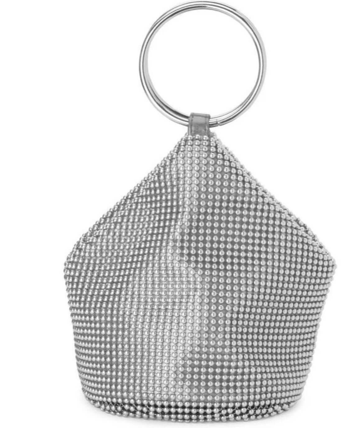 A Silver Clutch Bag With a Ring Handle on a White Background — Onyx Poppy Boutique in Buderim, QLD