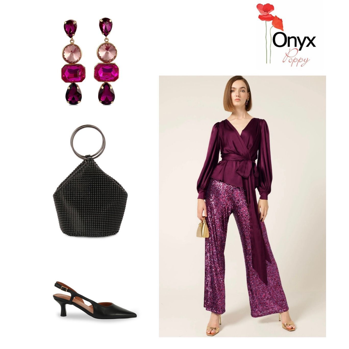 Outfit With Purple Sequin Pants, Blouse, Earrings, Purse, Shoes — Onyx Poppy Boutique in Buderim, QLD