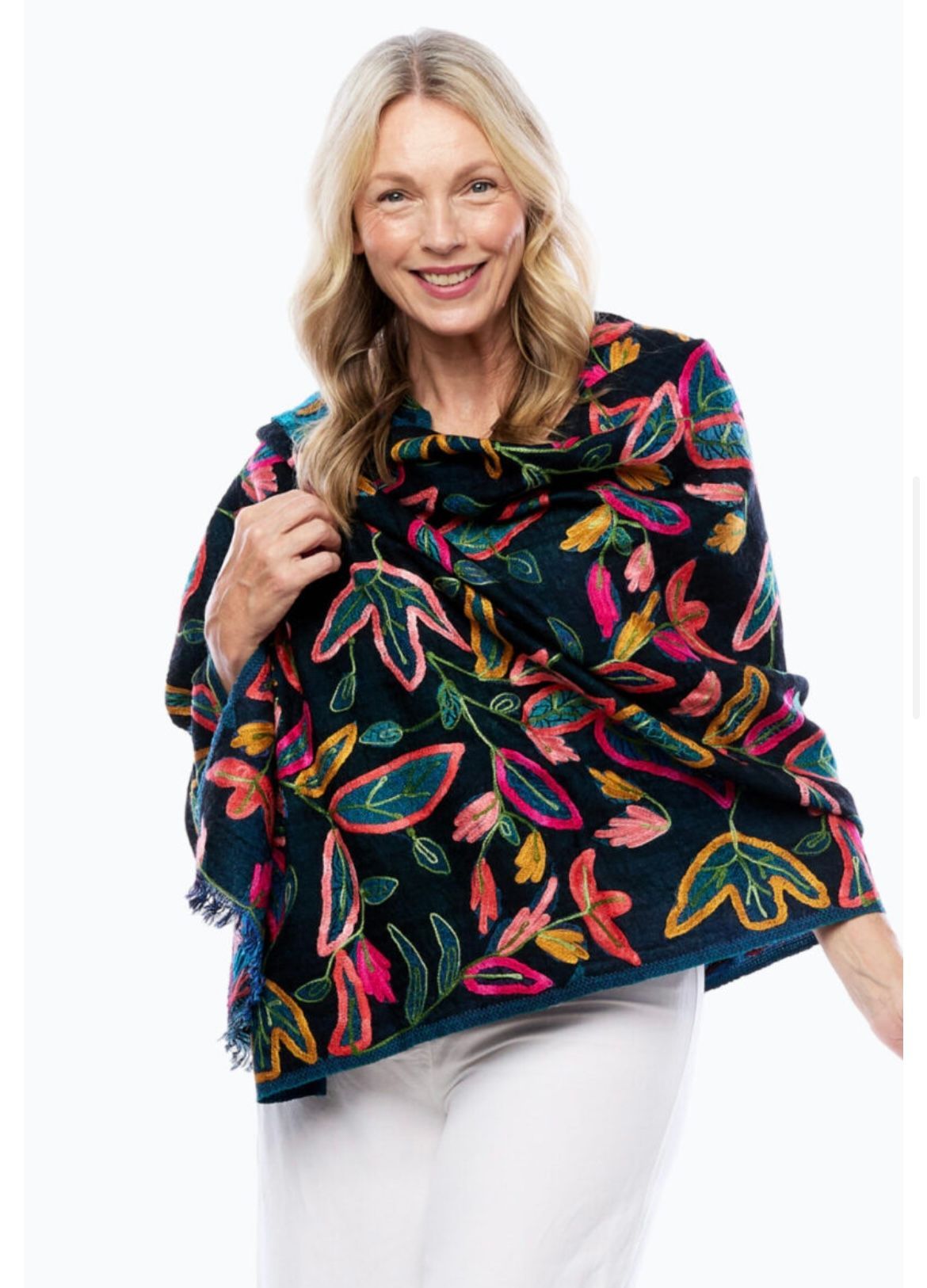 Woman Wearing a Dark Shawl With Colorful Embroidered Leaves — Onyx Poppy Boutique in Buderim, QLD