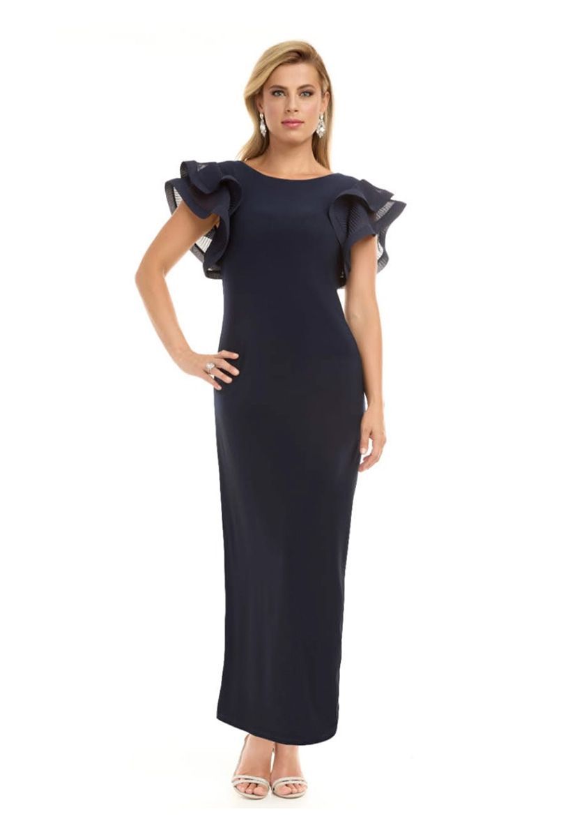 Woman in Navy Blue Formal Dress with Ruffled Sleeves — Onyx Poppy Boutique in Sunshine Coast, QLD