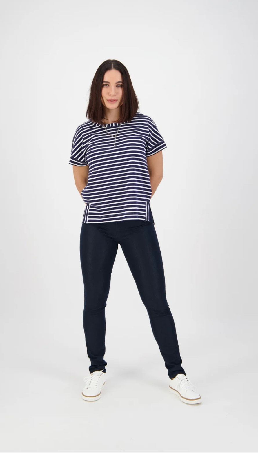 a Woman is Wearing a Striped T-shirt and Jeans — Onyx Poppy Boutique in Buderim, QLD