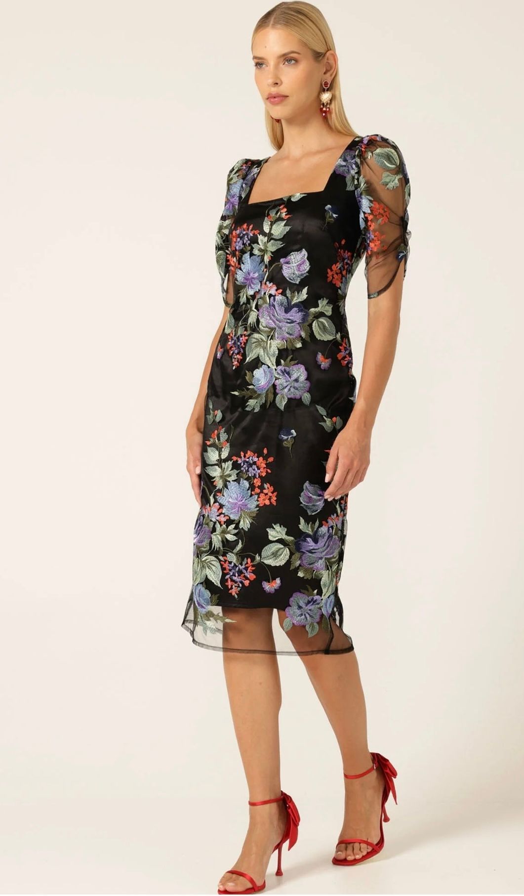 Woman in Black Floral Dress With Red Heels — Onyx Poppy Boutique in Buderim, QLD