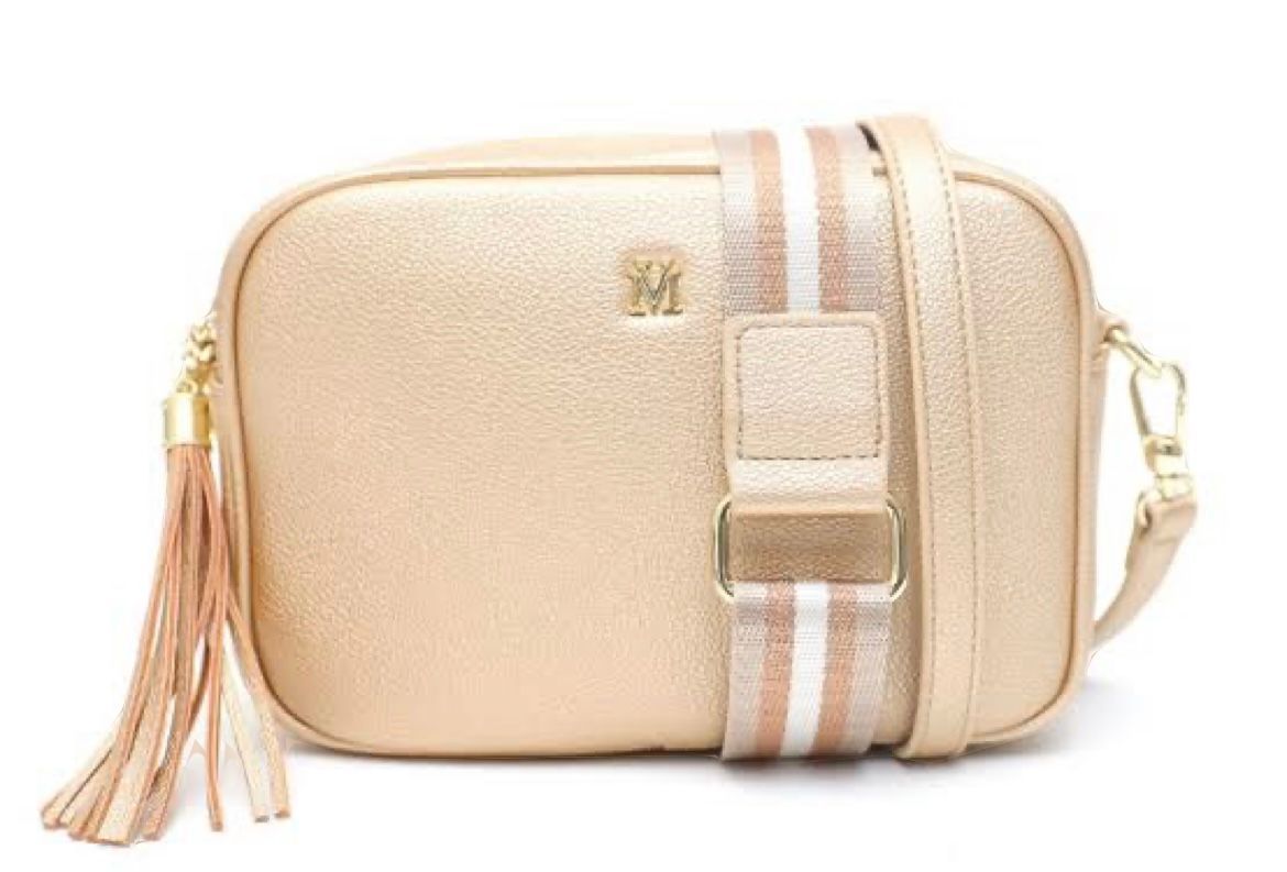 A Gold Purse With a Striped Strap and a Tassel — Onyx Poppy Boutique in Buderim, QLD