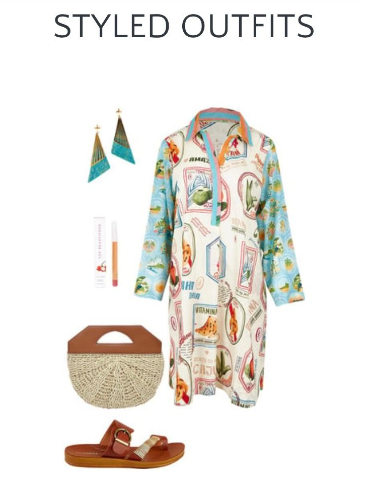 Styled outfit: a long-sleeved tunic with printed design, sandals, a straw bag, earrings, and lipstick.