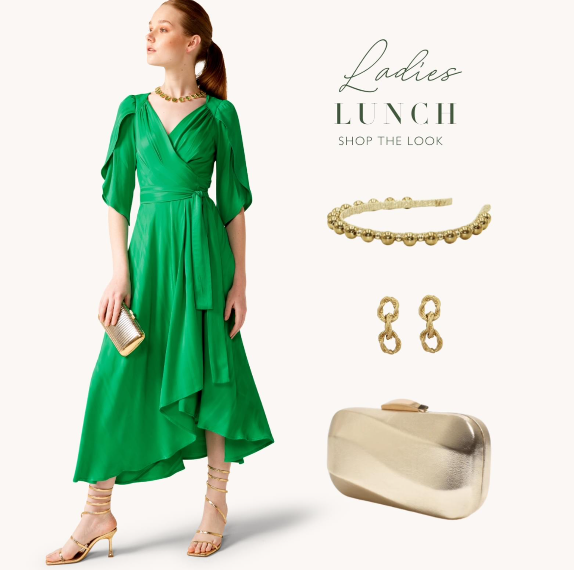 Woman in green dress, accessorized with gold jewelry and clutch, for a ladies lunch.