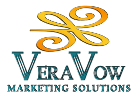 Logo for VeraVow Marketing Solutions: gold abstract design above teal text.