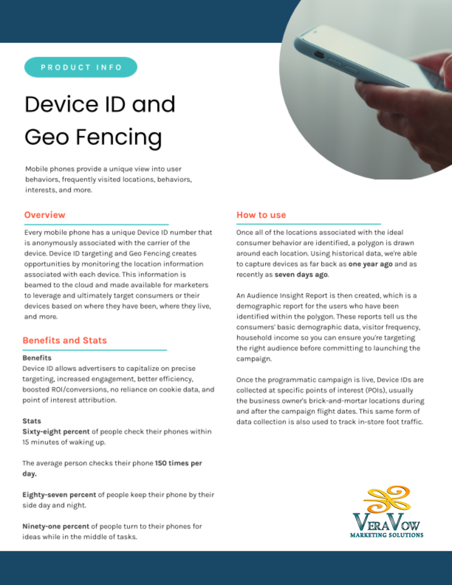Product info: Device ID and Geo Fencing with hand holding a phone.