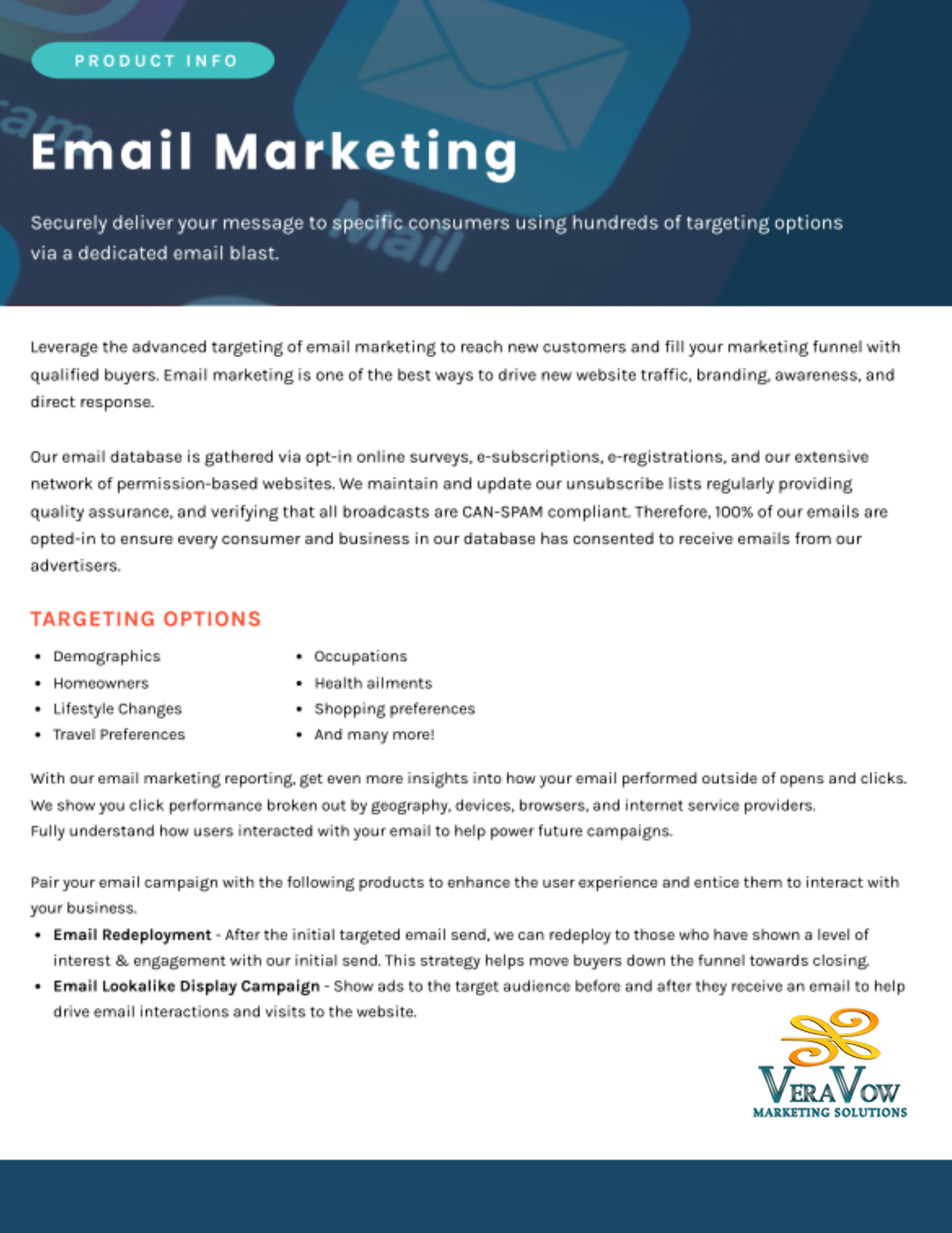 Email marketing document with blue background and targeting options.