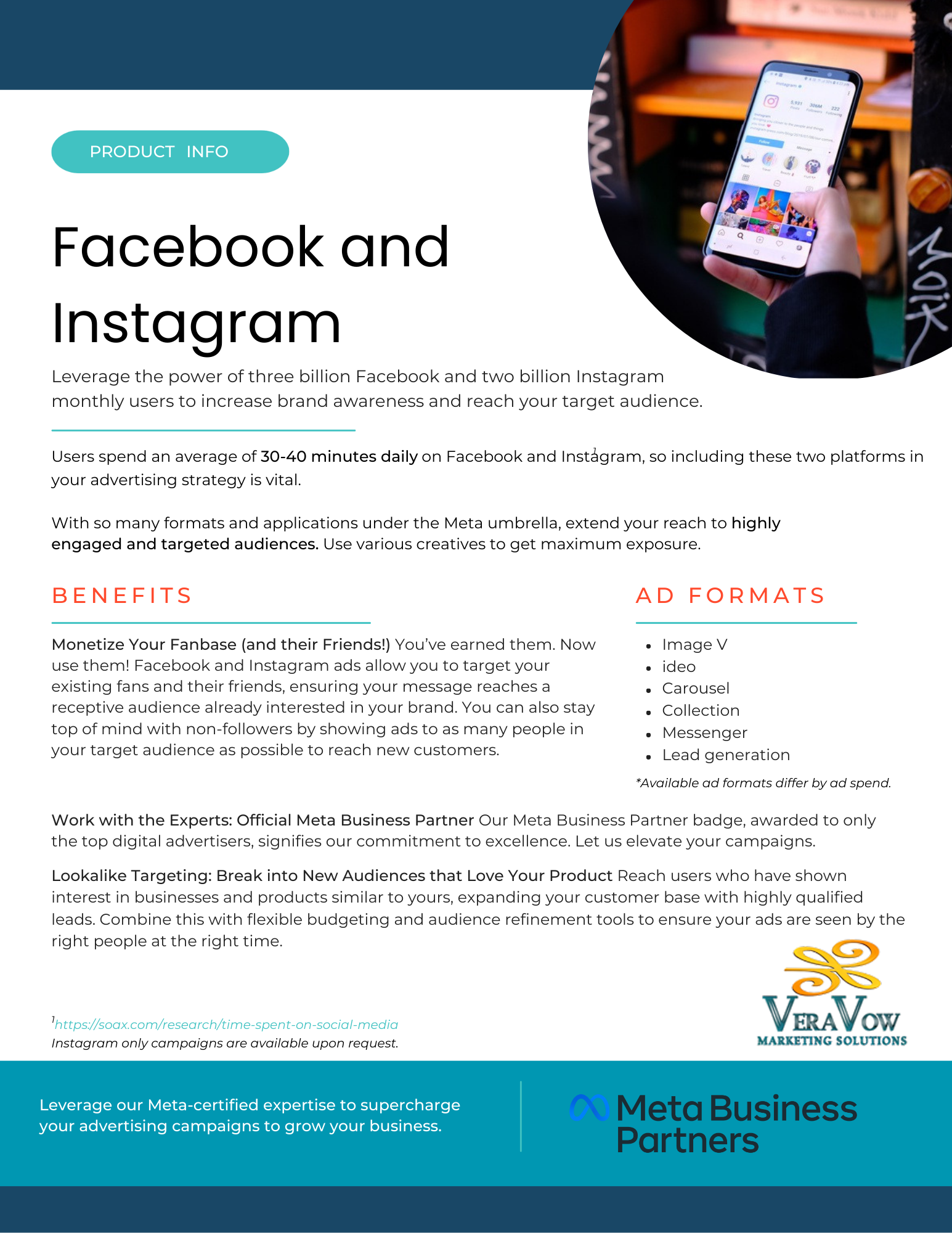 Facebook and Instagram marketing guide with benefits, ad formats, and Meta Business Partners logo.