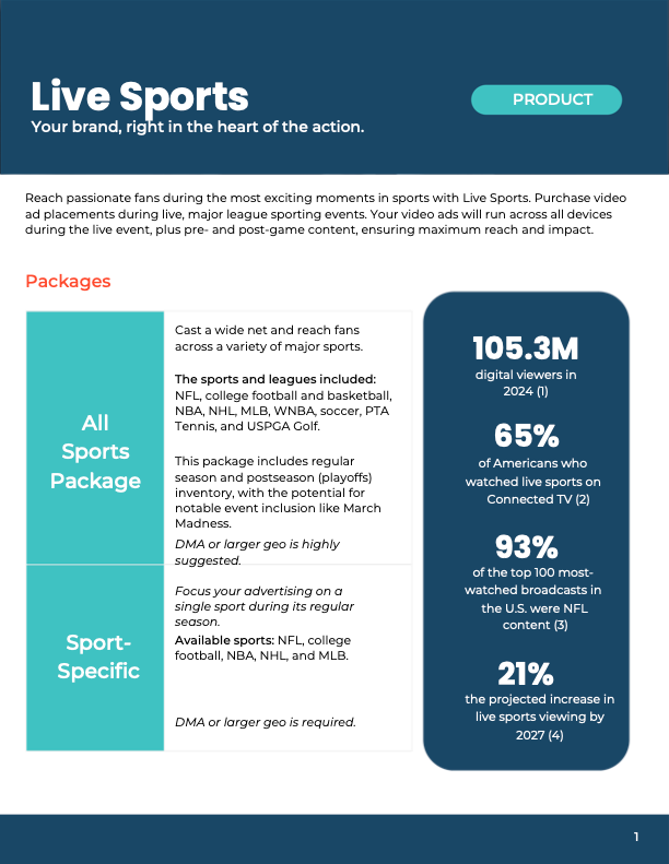 Marketing material for live sports packages: all-sports and sport-specific, with key statistics.