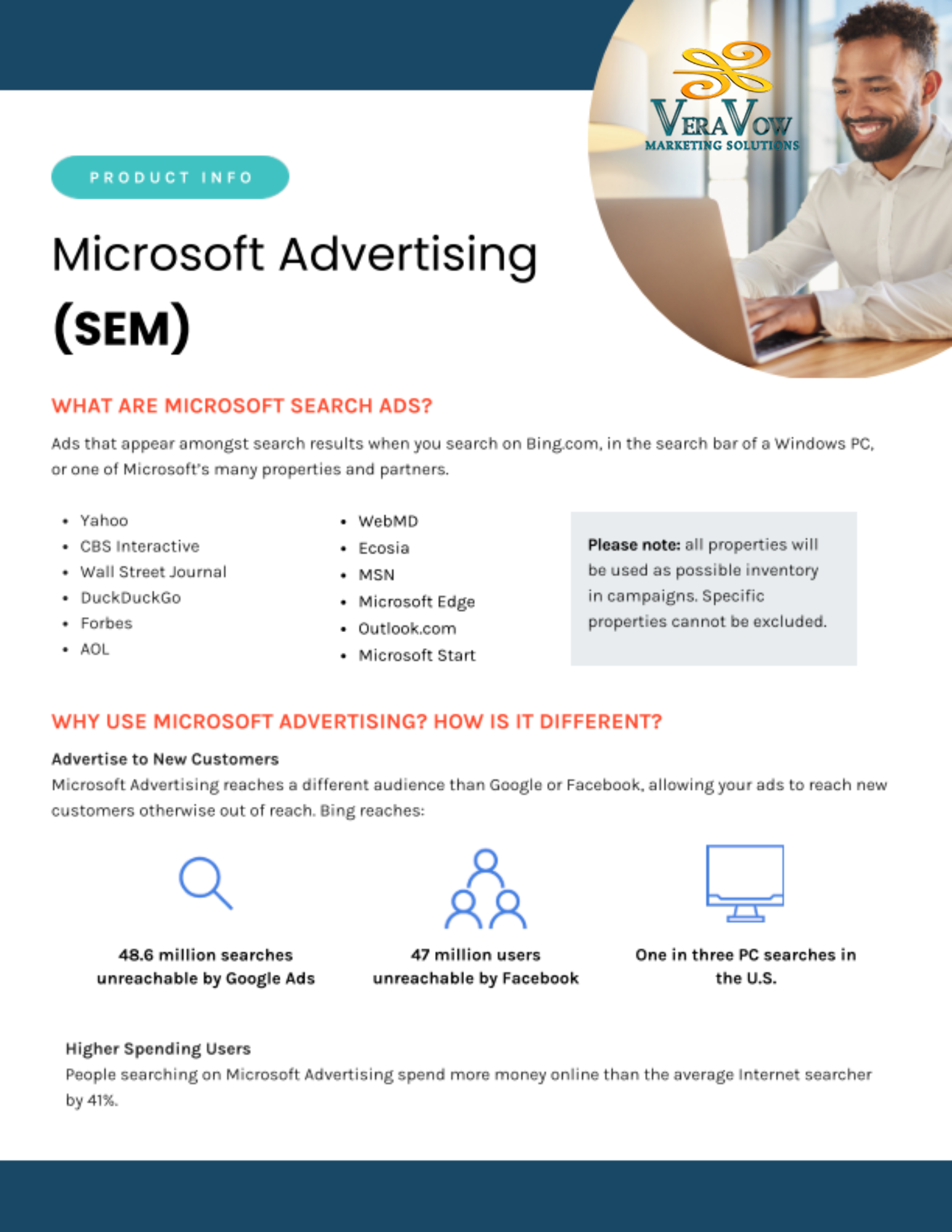 A man smiling at a laptop with Microsoft Advertising details, a promotional infographic.