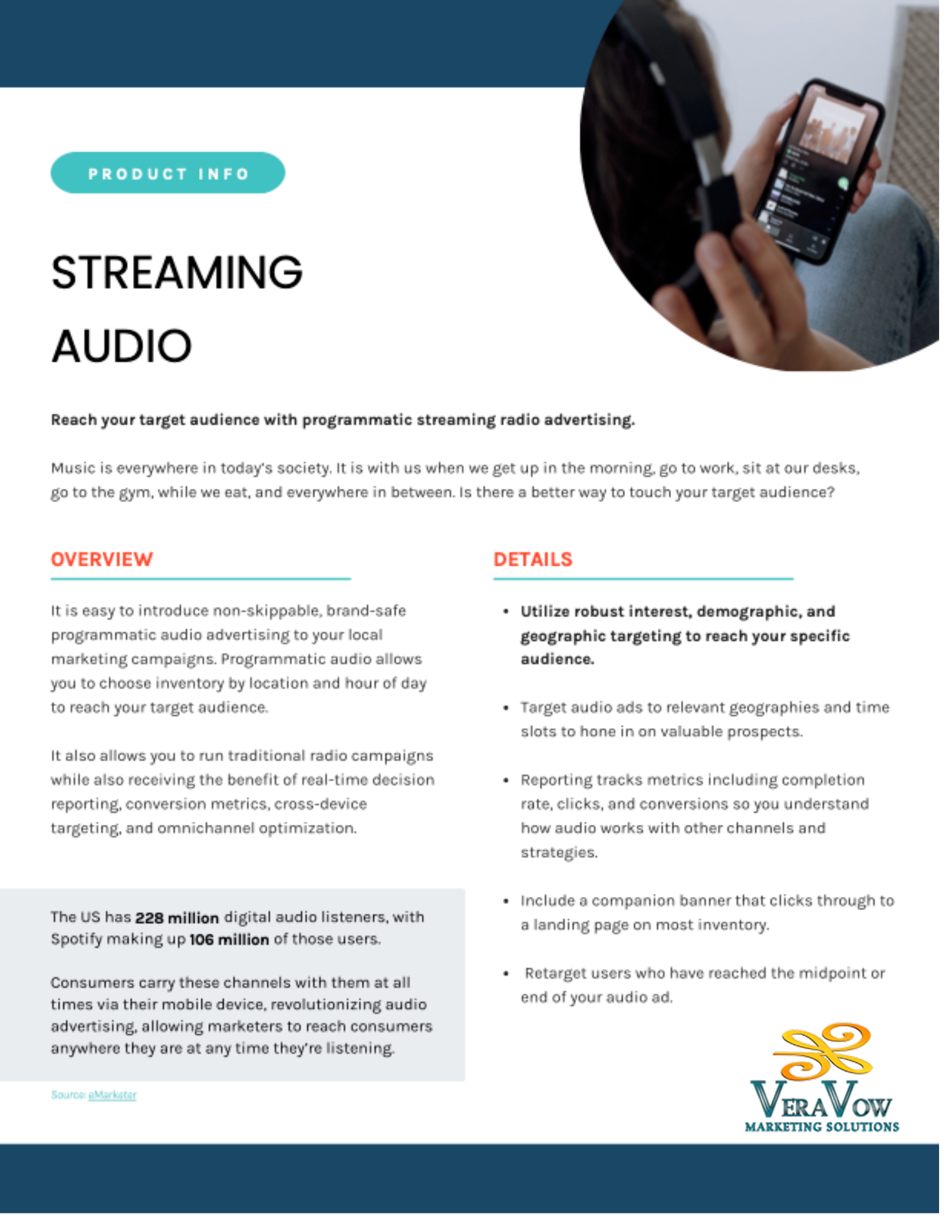 Flyer promoting streaming audio, featuring a person listening to audio and details on targeting options.