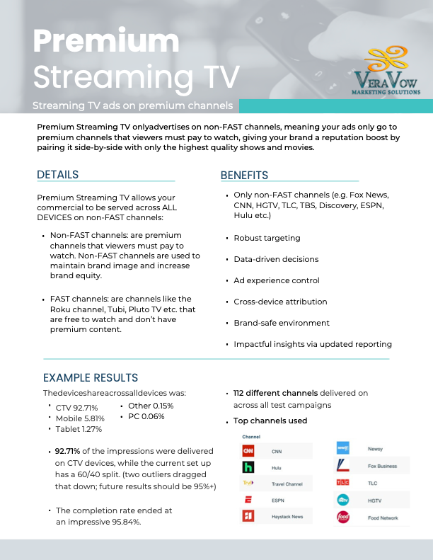 Blue flyer for Premium Streaming TV, showcasing features and benefits, with logos.