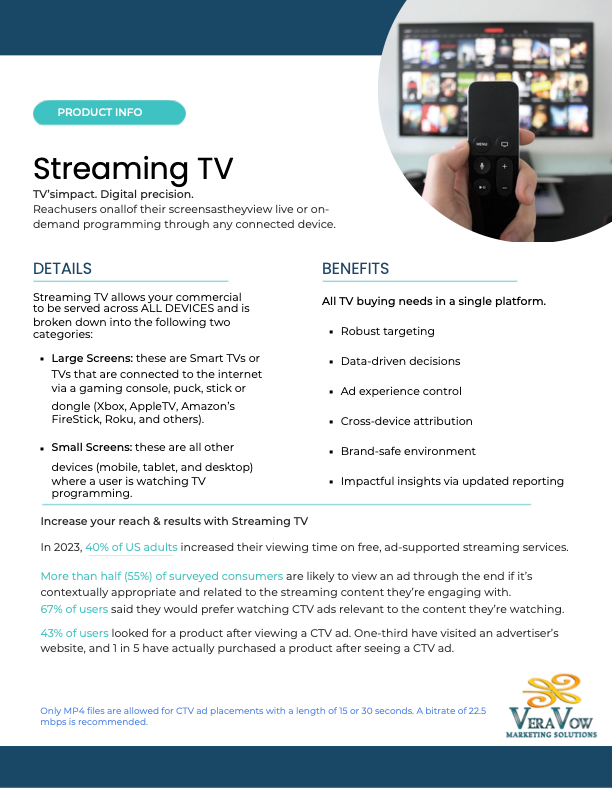 Flyer about Streaming TV, includes a TV, remote control, details, and benefits.