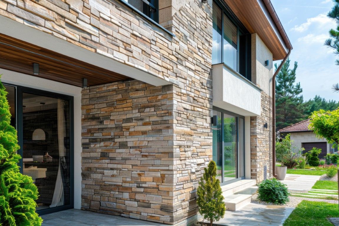 Modern stone house exterior with large windows and a front walkway
