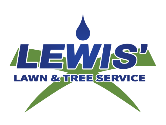 A blue and green logo for lewis lawn and tree service