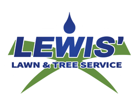 A blue and green logo for lewis lawn and tree service