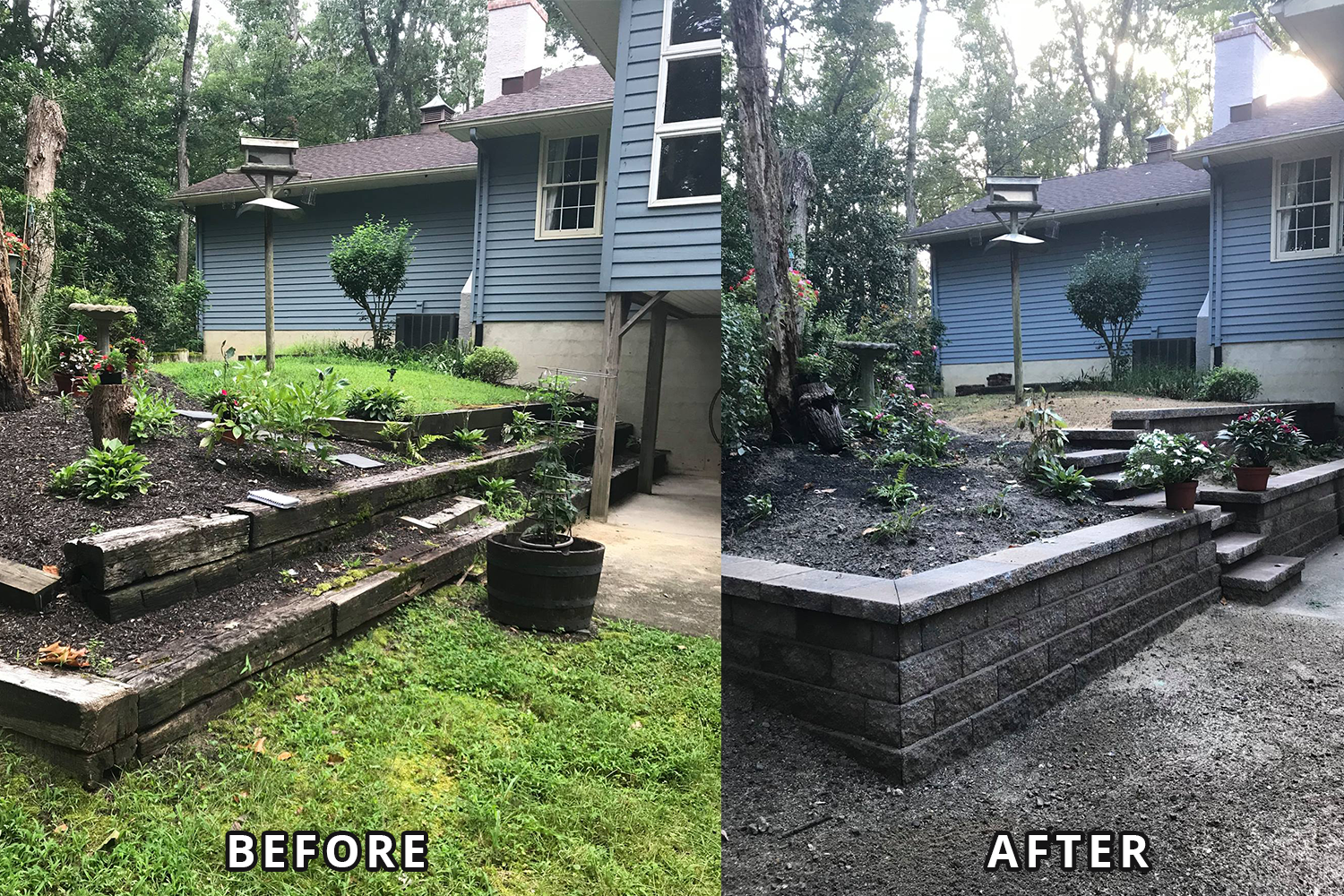 A before and after photo of a backyard with stairs and a retaining wall.