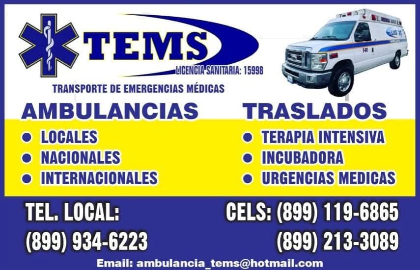 Tarjeta de presentación para servicios de transporte médico de emergencia TEMS, azul y amarillo, con un gráfico de ambulancia.