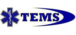 Símbolo de la Estrella Azul de la Vida junto al texto "TEMS" con un swoosh azul; logotipo de emergencia médica.