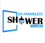 Logo for EA Frameless Shower Doors with blue frame, black text, and showerhead graphic.