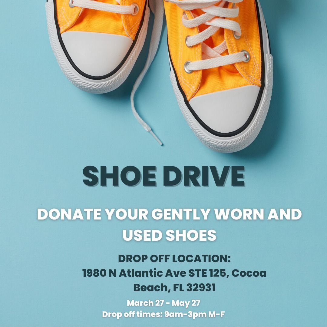 A pair of yellow sneakers on a blue background with the words shoe drive donate your gently worn and used shoes