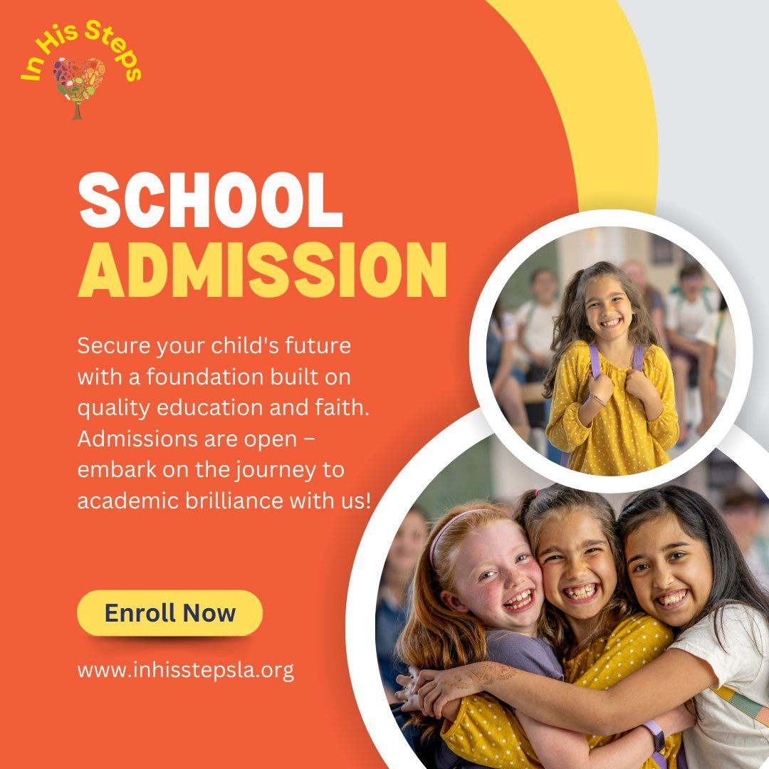 A poster for school admission with three girls hugging each other.