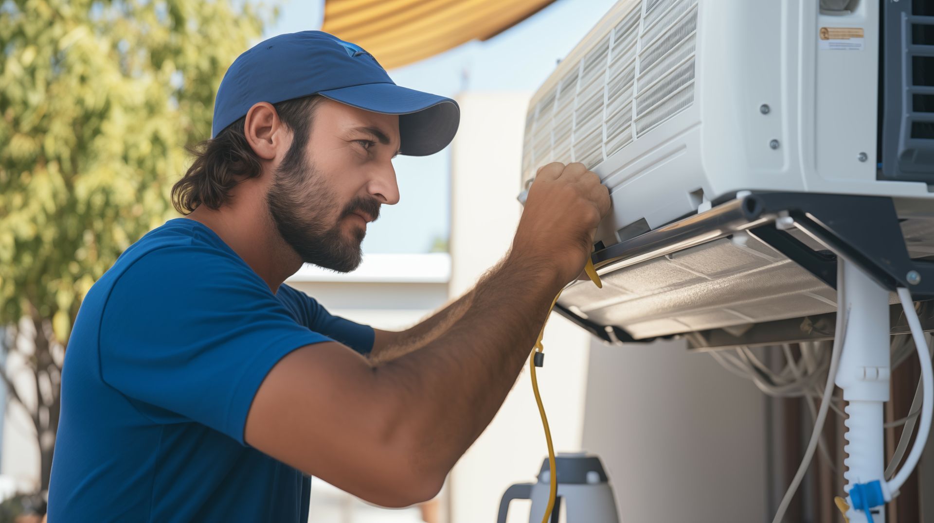 A man is fixing an air conditioner outside of a building.